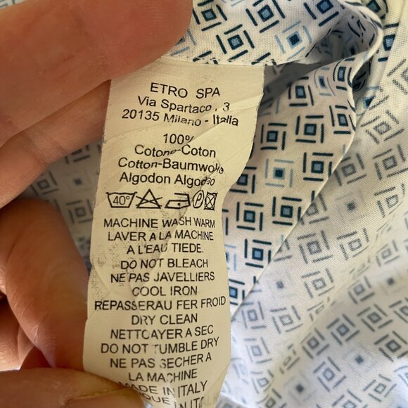 Etro long-sleeve button-up Cotton shirt White with Blue Squares-Sz. 44-XL - Picture 6 of 15